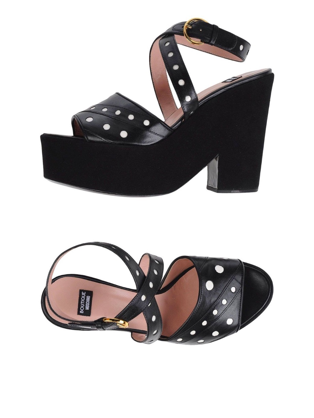 Moschino Black Leather Platform Sandals with White Polka Dots and Gold Buckle